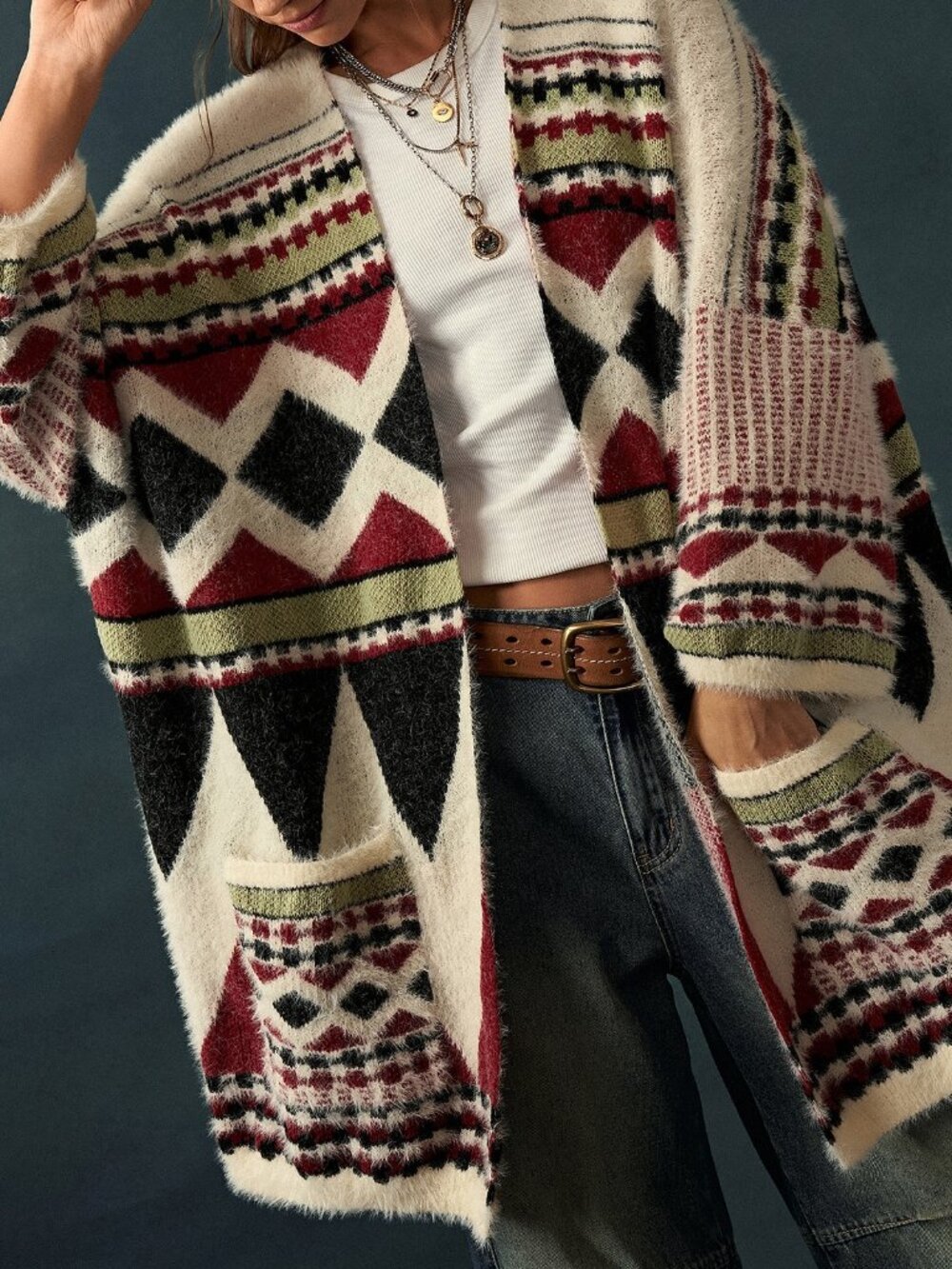 Multicolor Casual Women's Bohemian Loose Geometric Cardigan